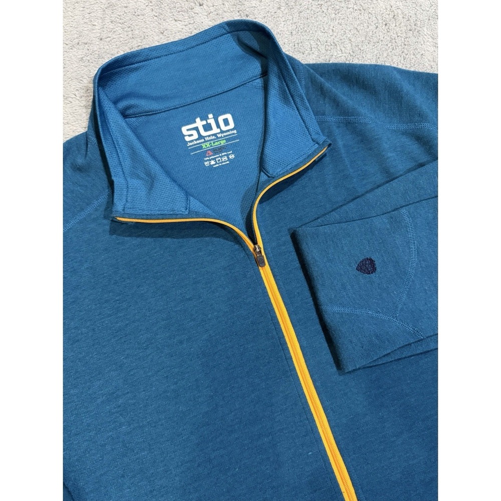 Stio Men's 2XL Teal Blue Polartec Half Zip Pullover Wool Blend Zip Pinecone Logo